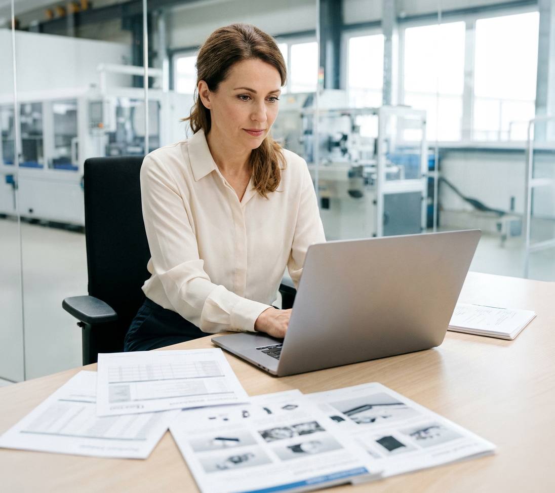 Female procurement professional researching B2B suppliers on a laptop in an industrial office environment